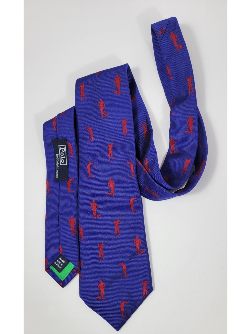 Vintage Polo Ralph Lauren Silk Tie Blue Red Golfer Motif Hand Made Italy Preppy